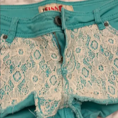 1st Kiss Turquoise Denim Shorts with Lace Overlay