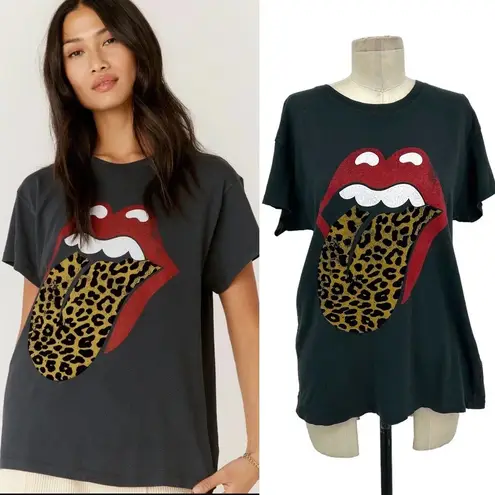 Daydreamer Rolling Stones Flocked Leopard Tongue Tour Tee Gray Size Small