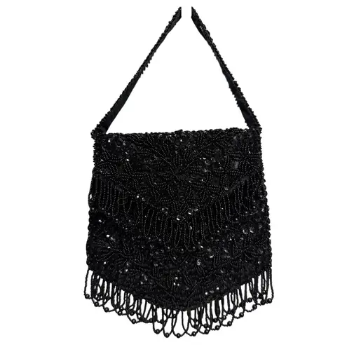 Vintage Mademoiselle Handmade Beaded Black Evening Bag Hong Kong Purse