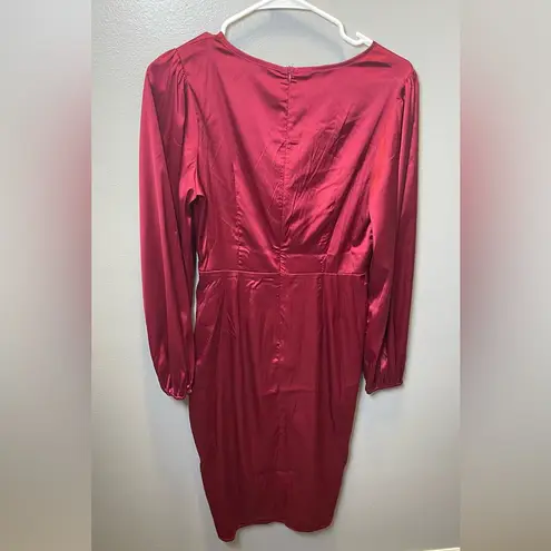 JJ's House JJ’s House NEW Pleated V-Neck Long Sleeve Sheath/Column Satin Midi Dress Size S