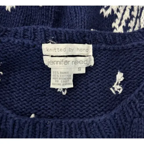 Jennifer Reed Sweater Womens Small Navy Blue White Floral Knitted by Hand Boho