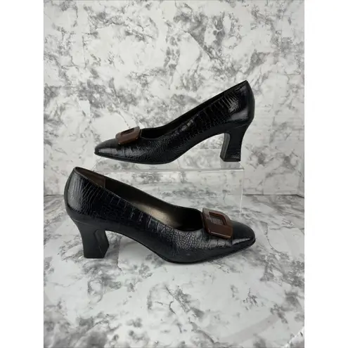 Salvatore Ferragamo Vintage Black Leather Heels Size 9 AA Tortoise Shell Buckle