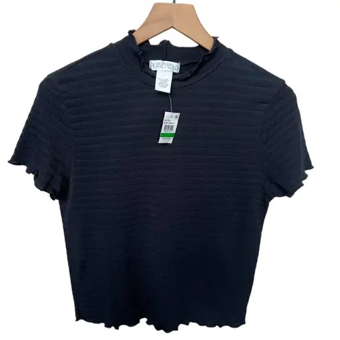 Planet Gold Macy’s NWT Black Mock Neck Lettuce Trim Ribbed Short Sleeve Top