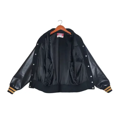 Vintage 90's Y2K Black Wool & Faux Leather Bomber Varsity Letter Patch Jacket Gold Size L
