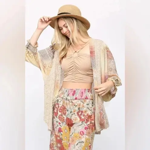 Solid Knit & Chiffon Mixed Cardigan Oatmeal color boho lightweight cardigan