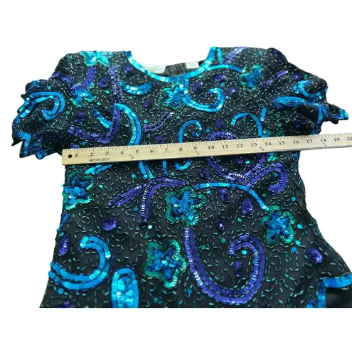 Vintage Lawrence Kazar Beaded Sequin Top Turquoise Purple Embellished Party Black Size L