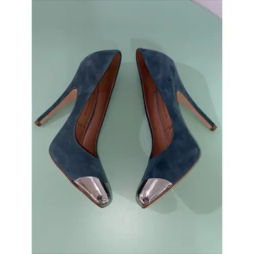 $495 SIGERSON MORRISON Womens Sz 7B green suede silver cap toe pumps shoes