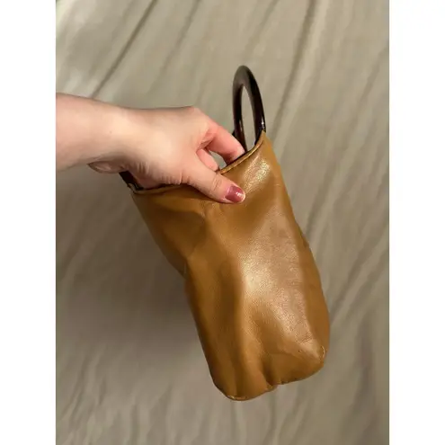 Vintage Tan Smooth Leather Stocko Clutch Purse Handbag Bakelite Lucite Handles