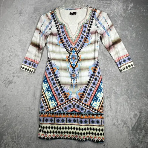 Hale Bob Dress Women XS White Blue Geometric Boho Bohemian Artsy Art to Wear