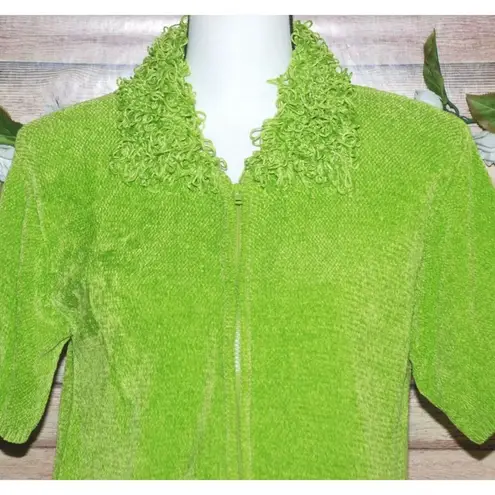 Lisa International Size M Funky Retro Lime Green Crop Sweater Zip Front Chenille Size M