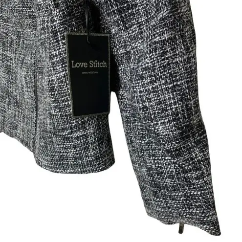 Love Stitch Tweed Blazer Size Large Faux Leather Black White Zip Front New