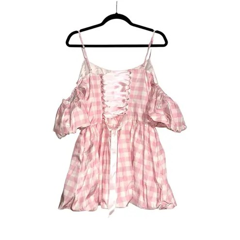 NWT Sugar Thrillz Gingham Pink Corset Puff Sleeve Bubble Hem Mini Dress SMALL