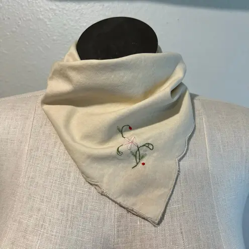 Vintage Handmade Beige Cotton Embroidered Floral Square Bandana Neck Tie Tan