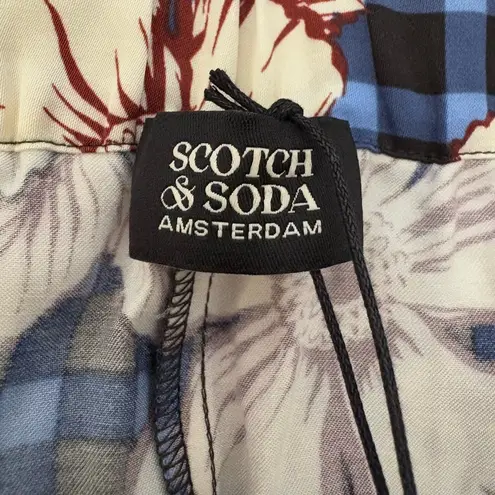 Scotch & Soda Blue Gingham and Burgundy Floral Printed Wide Leg Trousers Size XL