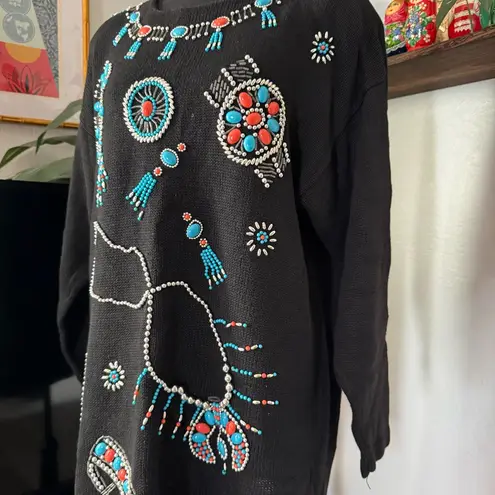 Vintage 90’s Victoria Jones Turquoise Jewelry Beaded Sweater Black Size L