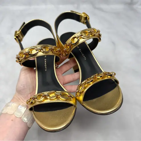 Giuseppe Zanotti NEW  Arya Leather Chain Link Block Heel Sandals Sexy Gold 35.5