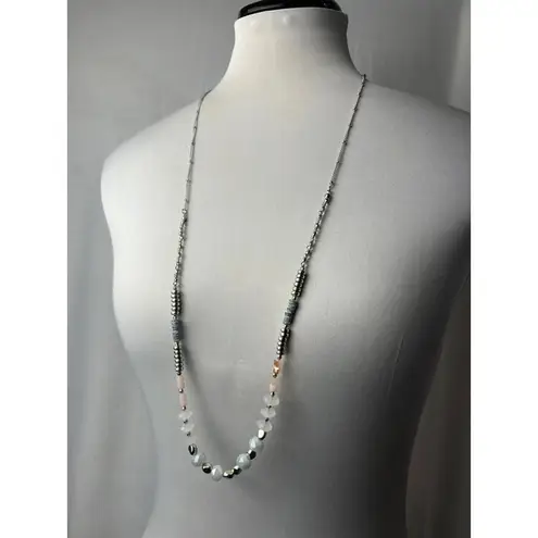 vintage long beaded silver necklace with pink and white beads
