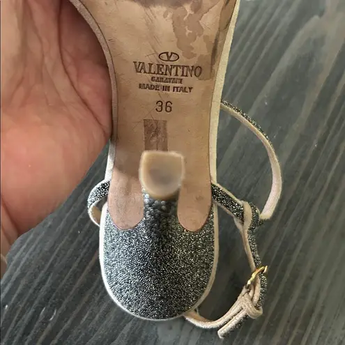 Valentino Nude Sandals with Glittering Black Straps Size 36 GUC straight legged Tan