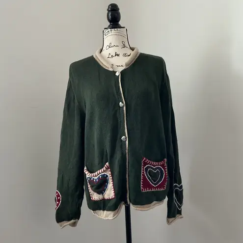 Christopher & Banks Vtg Hand-Embroidered Heart – Forest Green Folk Art SweaterXL