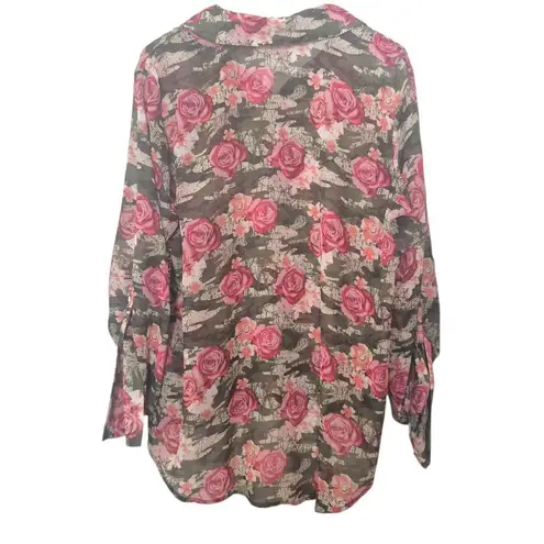 Bongo  Camo Floral Print Blouse with 3/4 Roll Tab Sleeves Deadstock Plus Size 2X