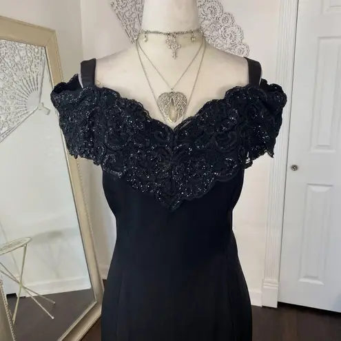 Vintage Made in USA Black Romantic Goth Off Shoulder Sequin Lace Midi Dress M Size M