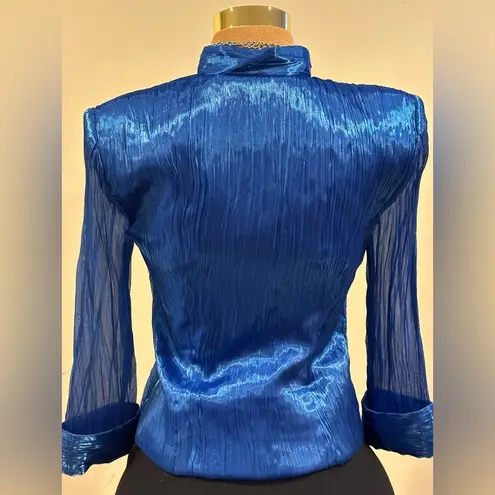 J.R Night By Cailiendo Blue Satin Rhinestone Buttons. Sheer Cuffed Sleeves Sz 8