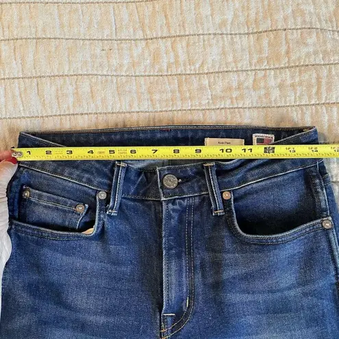 NoEnd Denim Farrah Kick Flare Jeans Sz 27 Med. Dark Wash Frayed High Low Hem USA Blue