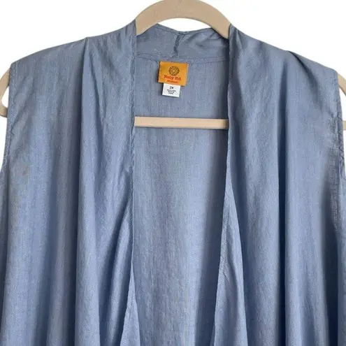 Ruby Rd Woman Vest Top 2X Blue Linen Crochet Trim Open Front Beachy Boho Cowgirl