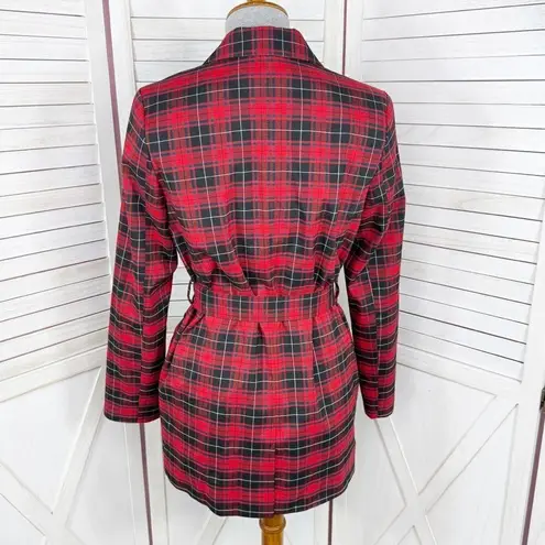 BeFree Tartan Plaid Double Breasted Tie Waist Trench Overcoat Red XS