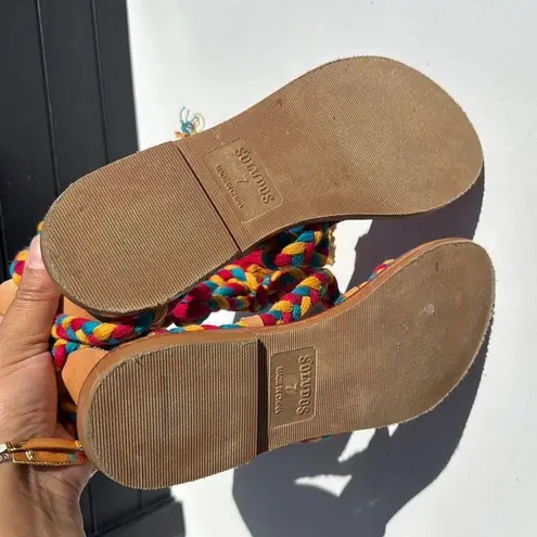 Soludos ankle tie wrap sandals multicolored red yellow blue rope flat size 7