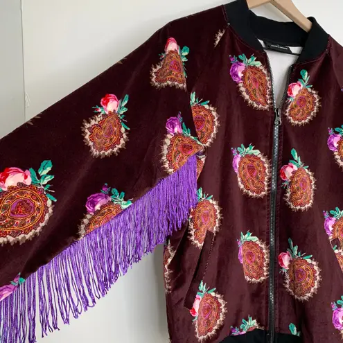 Moon & Nomad Mixed Emotions Velvet Bomber Jacket Burgundy Purple Fringe Medium