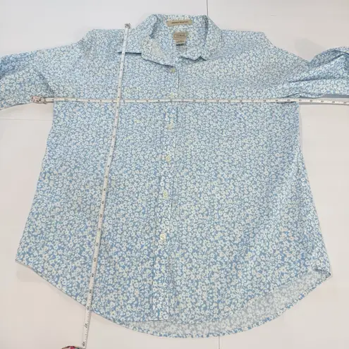 LL Bean Blue Floral Wrinkle Free Pinpoint Oxford Long Sleeve Button Shirt MEDIUM
