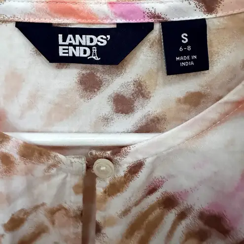 Lands' End Womens Cotton Poplin Split Neck Dress White Burst Tie Dye Sz Small Pink