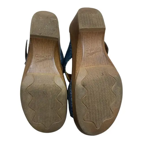 Dansko Sapphire Blue Leather Slip-On Sandals Size 38 Laser Cut Comfort Wedges