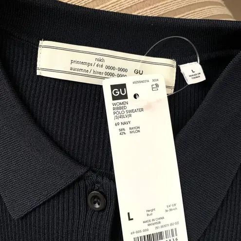 GU (Uniqlo) x Rokh Ribbed Polo 3/4 Sleeve Sweater in Black Size L