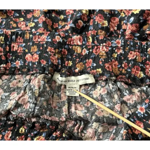 American Eagle  Shorts Women Medium Black Pink Micro Floral Flowers Lounge Casual
