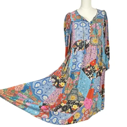 Spell & the Gypsy Bohemian Patchwork 70s Witchy Cha Cha Maxi Dress Size Large Blue - Image 11