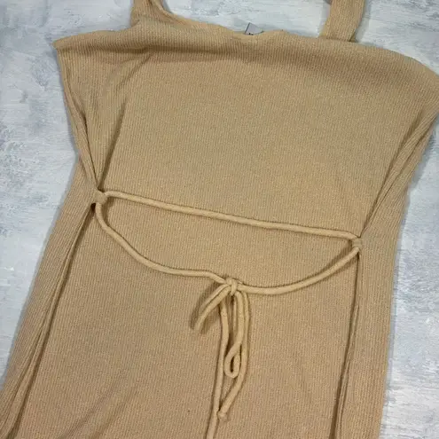 EUC VER Knit Maxi Dress Tank Style Beige Ribbed Drawstring Sides Slits XL Tan