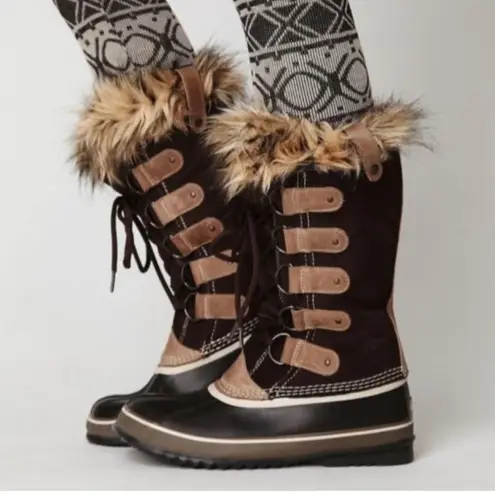 Sorel  Joan of Arctic Snow Boots Black Faux Fur Size‎ 8 Brown Fur Cuff