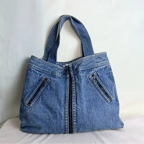 Reworked Vintage Denim Jeans Large Tote Bag Zip Pockets Casual Y2K Boho Retro