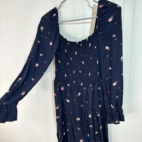 Elodie Long Sleeve Smocked Square Neck Navy Floral Dress Sz S