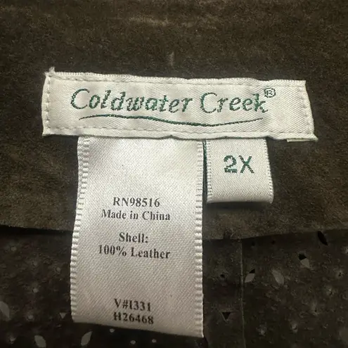 Coldwater Creek Suede Leather Jacket Size 2X Eyelet Ruffle Neck Y2K Boho Green