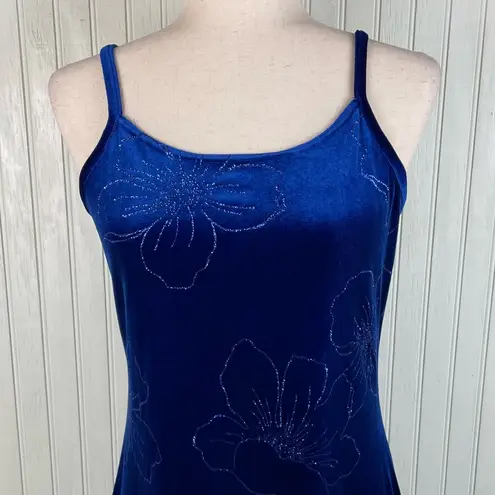 Vintage 90s Y2K Blue Velvet Flower Maxi Slip Dress Whimsigoth Fairycore Medium