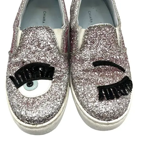 Chiara Ferragni Blink Eye Glitter Slip Ons Sneakers Sparkles Womens Sz EU36 US 6 Pink