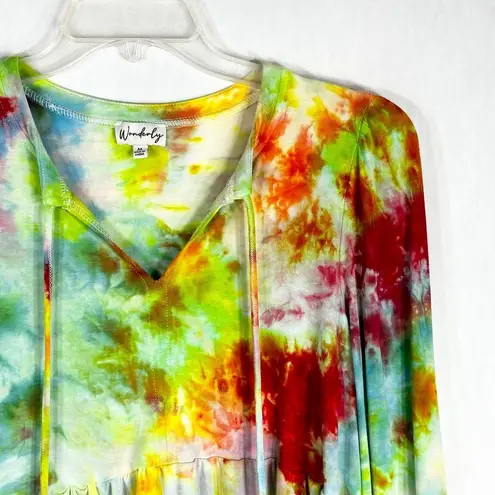 Wonderly Medium Top Confetti Cascade Tie Dye Handmade Peplum Green Pink 1152