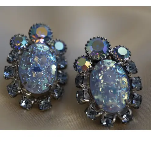 Vintage Julianna D&E Floral Pressed Glass Clip On Earrings Blue Glitz Statement