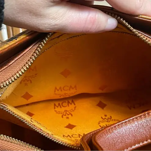 MCM Cognac Visetos Coated Canvas Shoulder Bag Leather Monogram Gold Vintage