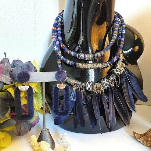 Tribal Boho Blue Feather Statement Necklace Set