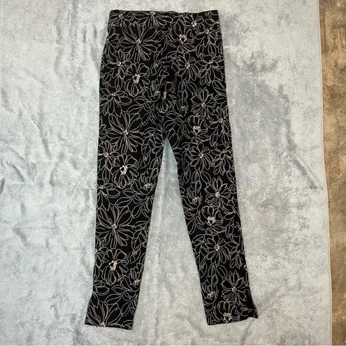 Agenda Petite Black Tan Floral Slim Fit Work Pants Ankle Slit Pants Size Small