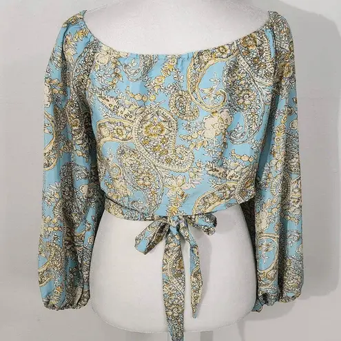 Karma Highway Blue Cream Crop Top with Full Sleeves and Tie Waist One Size Size undefined
